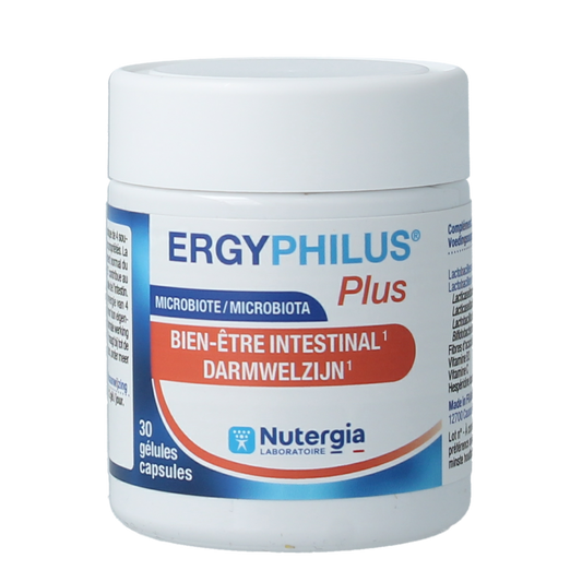 Nutergia Ergyphilus Plus capsules containing micro-organisms, shown in a bottle with 30 capsules for supporting digestive health.