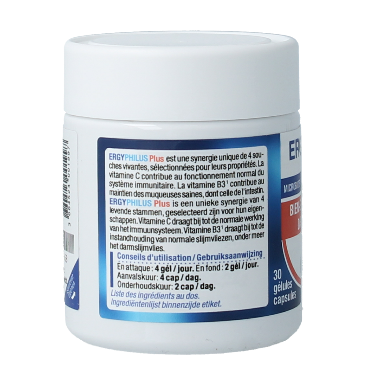 Nutergia Ergyphilus Plus probiotic capsules featuring micro-organisms for digestive health, displayed in a blister pack.