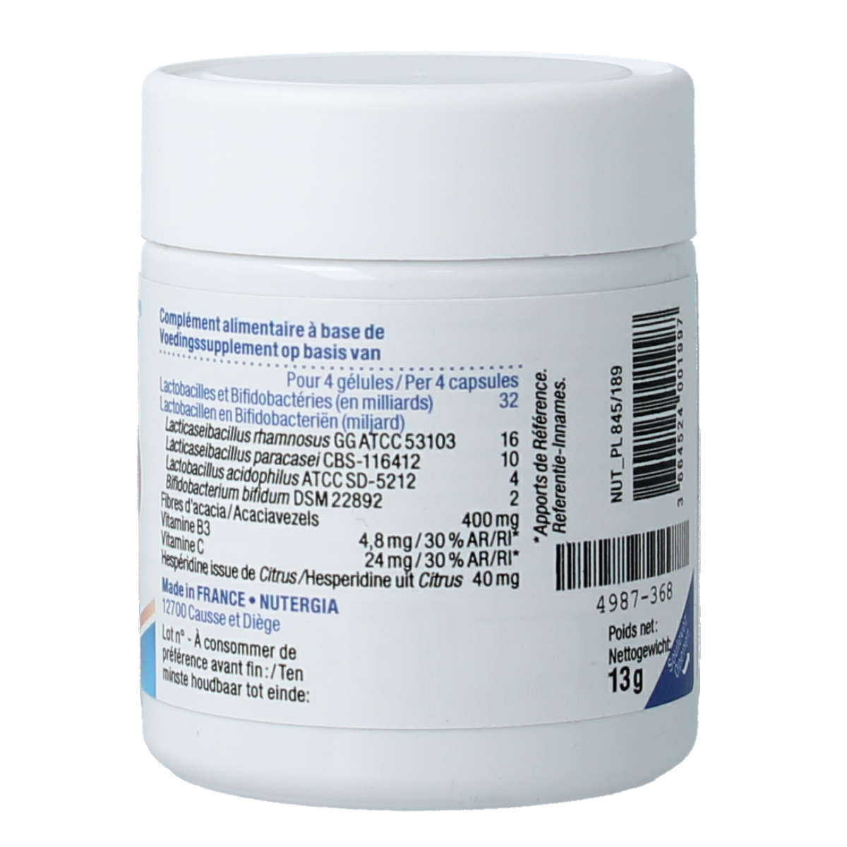 Nutergia Ergyphilus Plus probiotic capsules with micro-organisms, shown in a bottle with 30 capsules inside.