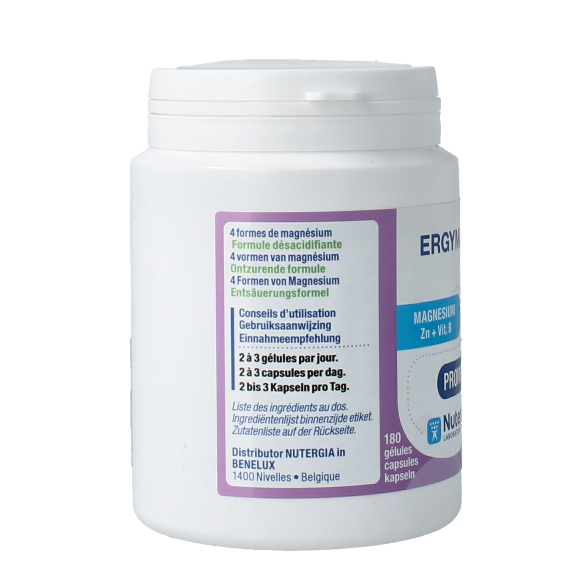Nutergia Ergymag mineral capsules, 180-count bottle of magnesium and multivitamin supplement in plastic bottle.