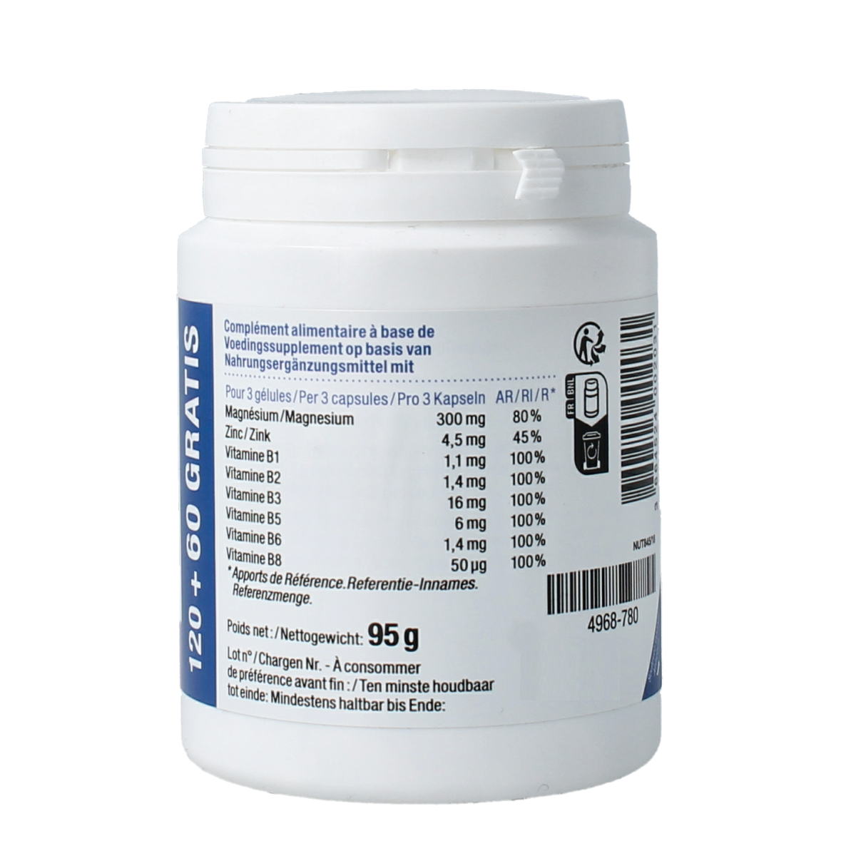 Nutergia Ergymag mineral capsules, 180-count bottle, showing the supplement capsules inside the container.