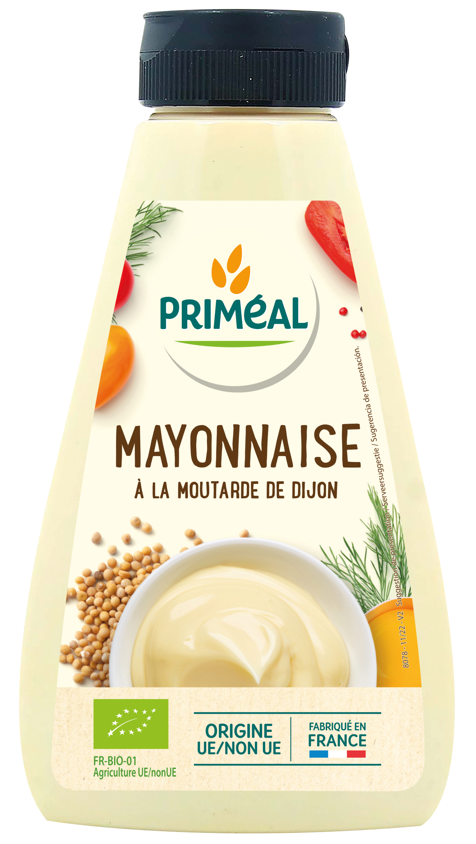 Primeal bio mayonnaise in a 315g jar, creamy sauce for sandwiches and salads, natural and organic ingredients.