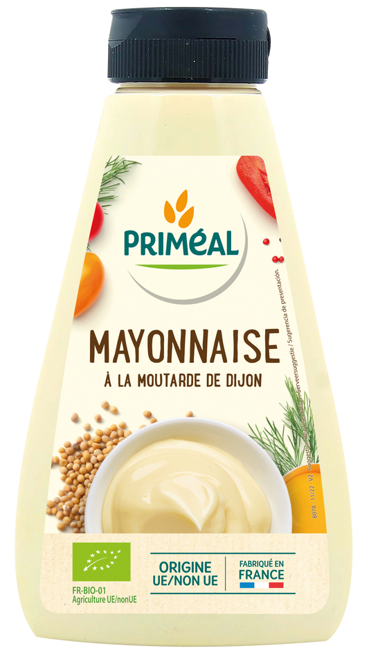 Primeal bio mayonnaise in a 315g jar, creamy sauce for sandwiches and salads, natural and organic ingredients.
