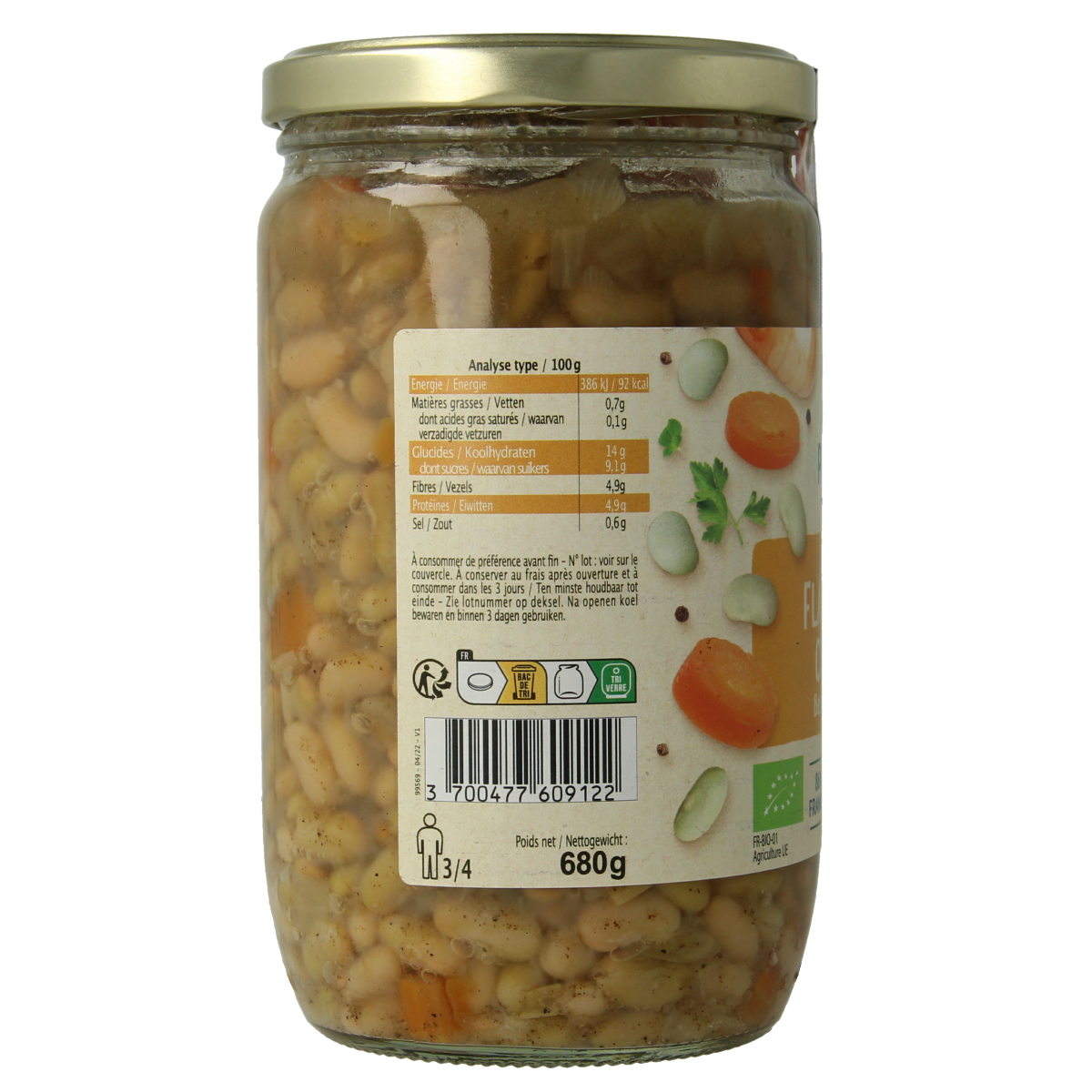 Primeal bio groene bonen in 680g verpakking, fresh and vibrant, part of Primeal's organic vegetable range.