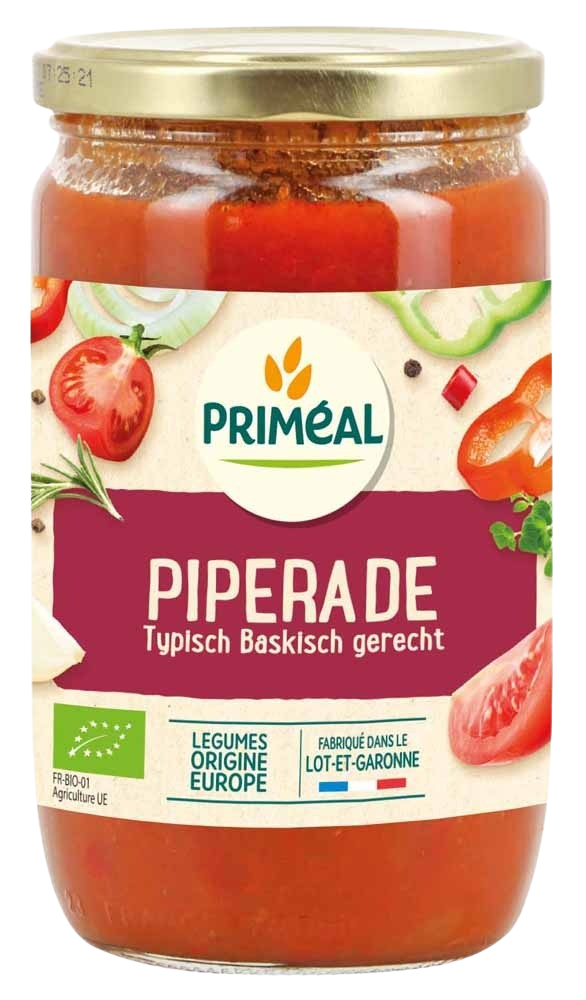 Primeal Groentemix piperade bio with potatoes, vegetables, and fruits in a 650g package, fresh and colorful for cooking.