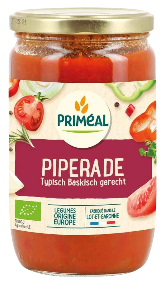Primeal Groentemix piperade bio with potatoes, vegetables, and fruits in a 650g package, fresh and colorful for cooking.