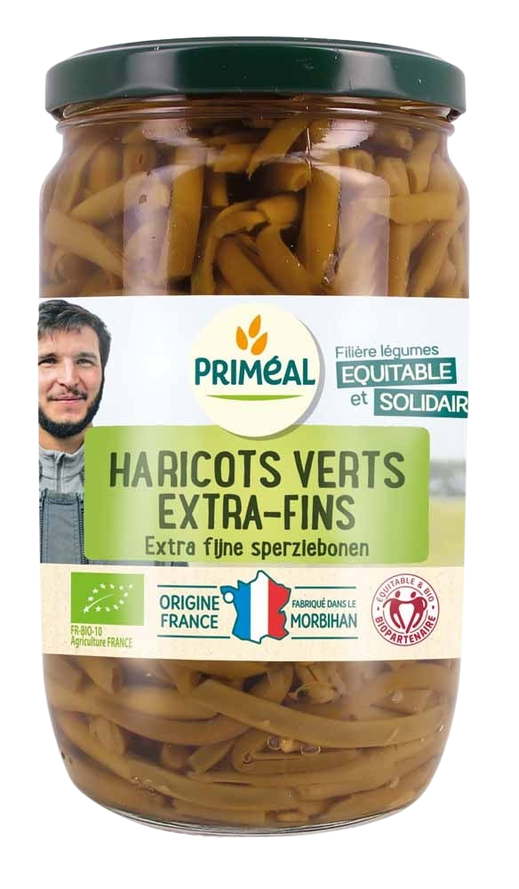 Primeal organic green beans (haricots verts sperziebonen) in 660g package, fresh and extra fine for cooking or salads.
