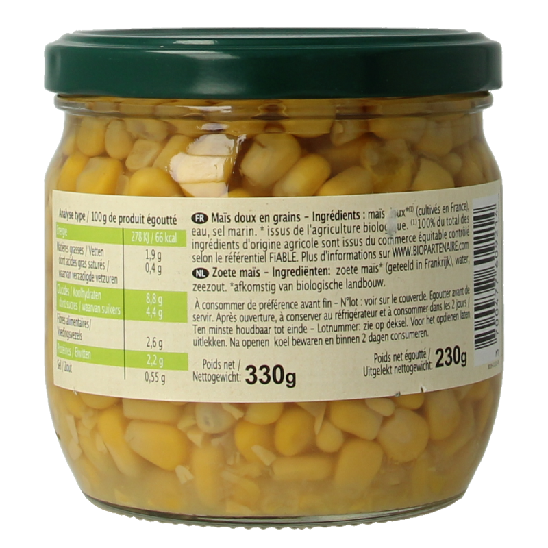 Canned organic corn from Primeal, 330 grams, displayed in a clear can with corn kernels visible inside.