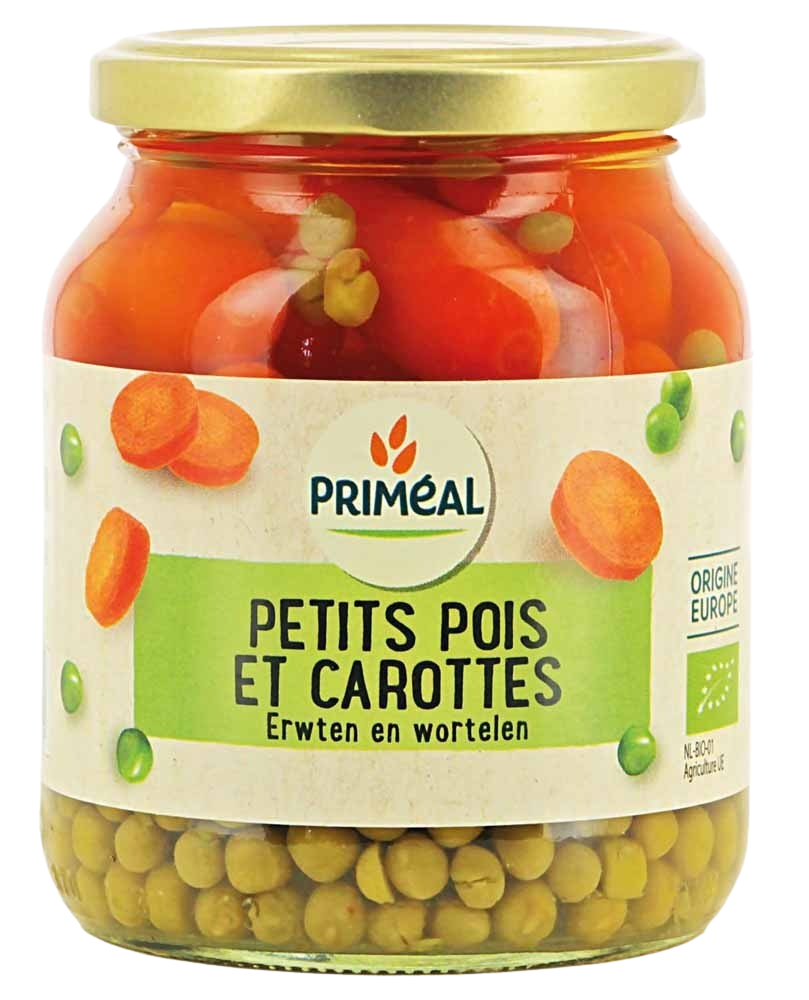 Primeal bio extra fijn doperwten in 330g package, fresh green peas for cooking or snacking.