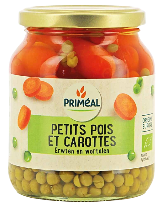 Primeal bio extra fijn doperwten in 330g package, fresh green peas for cooking or snacking.
