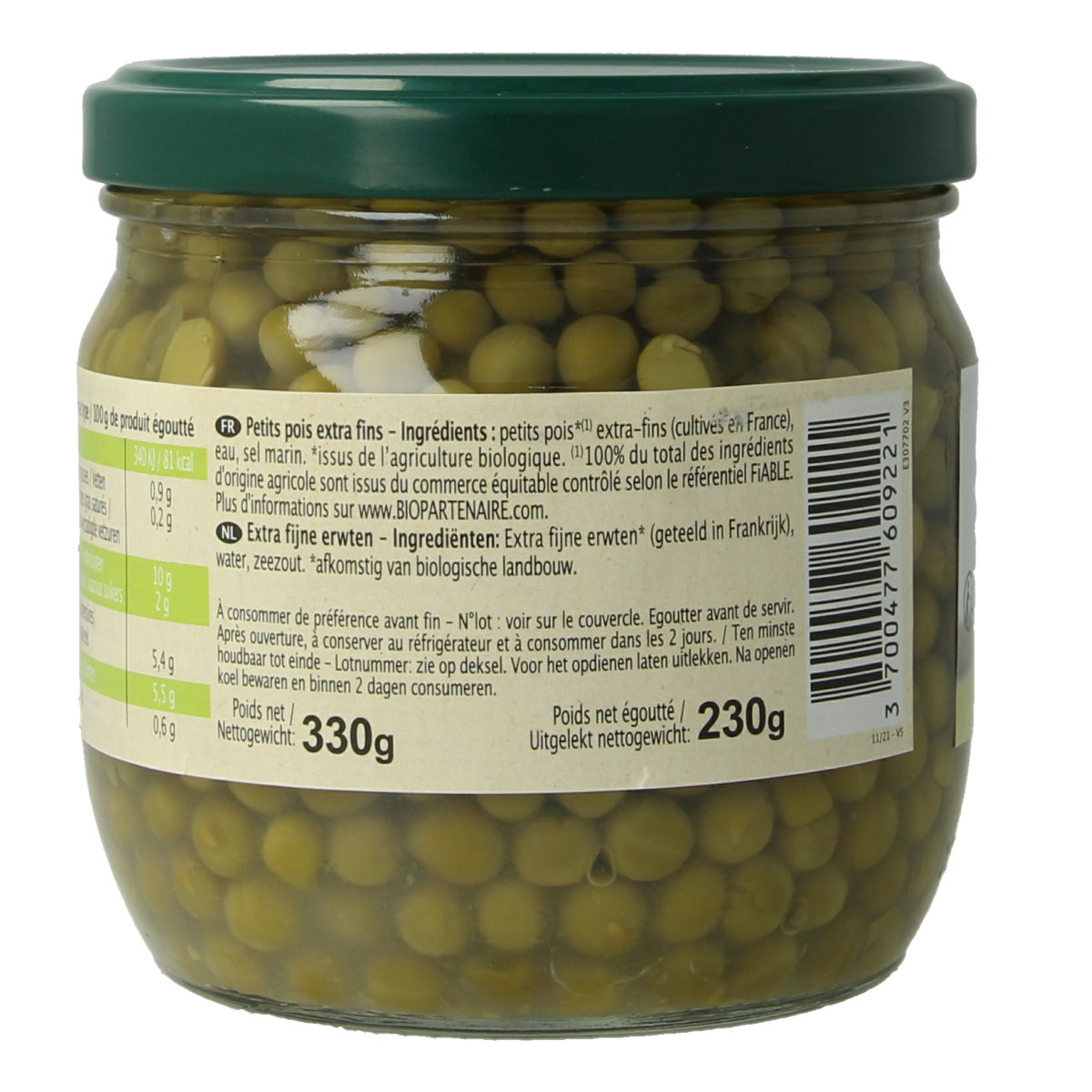 Primeal bio extra fijne doperwten in 330g verpakking, fresh green peas from Primeal, suited for cooking and healthy meals.