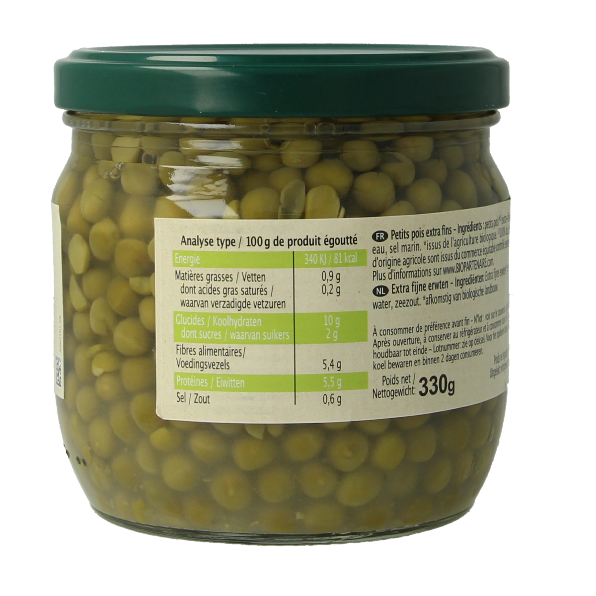 Primeal Doperwten extra fijn bio, 330g, organic green peas in a clear package.