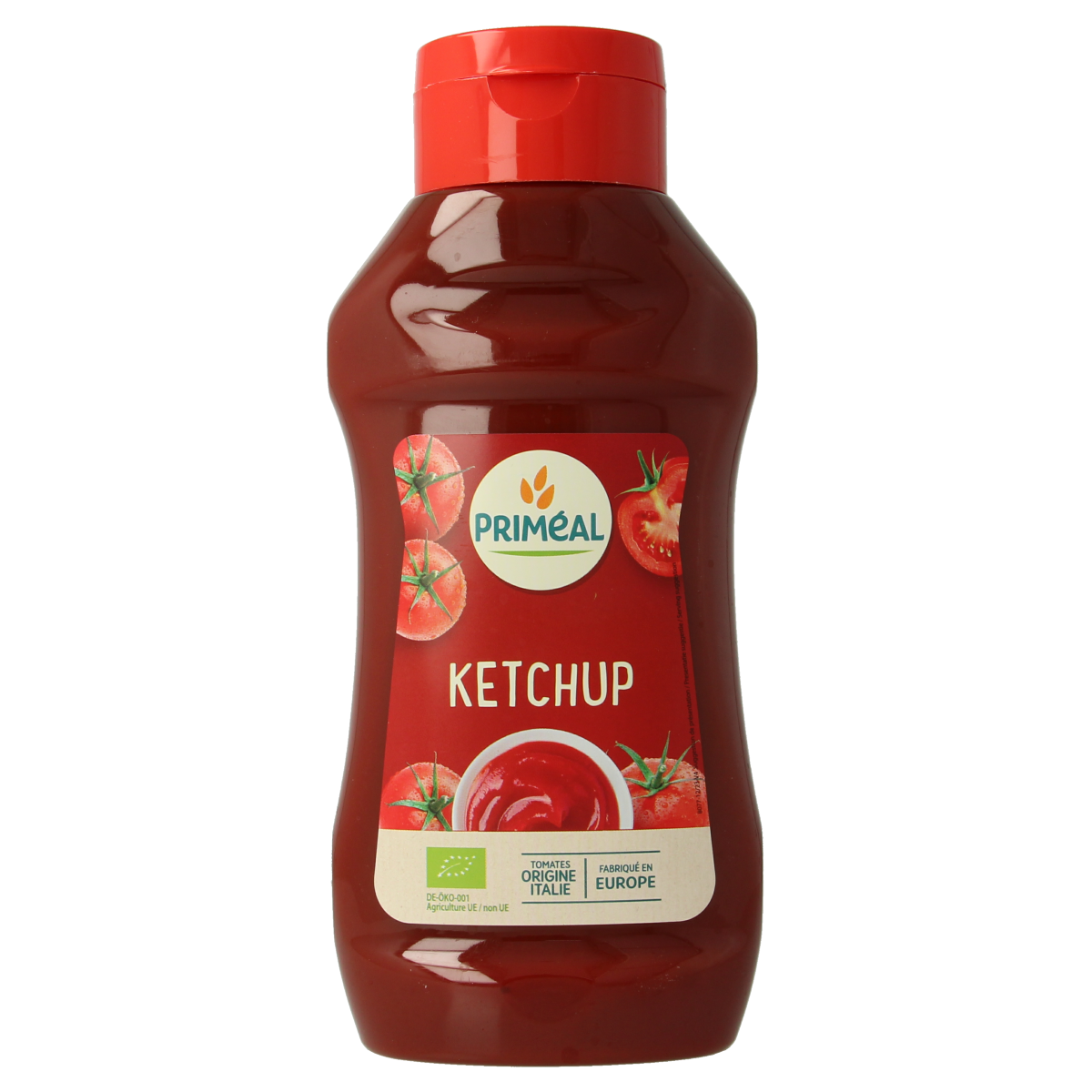 Primeal organic tomato ketchup bottle showing the label and 560g size in a close-up shot.