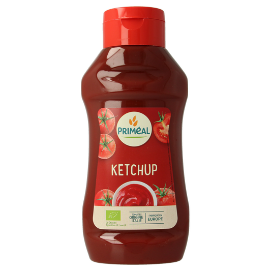 Primeal organic tomato ketchup bottle showing the label and 560g size in a close-up shot.