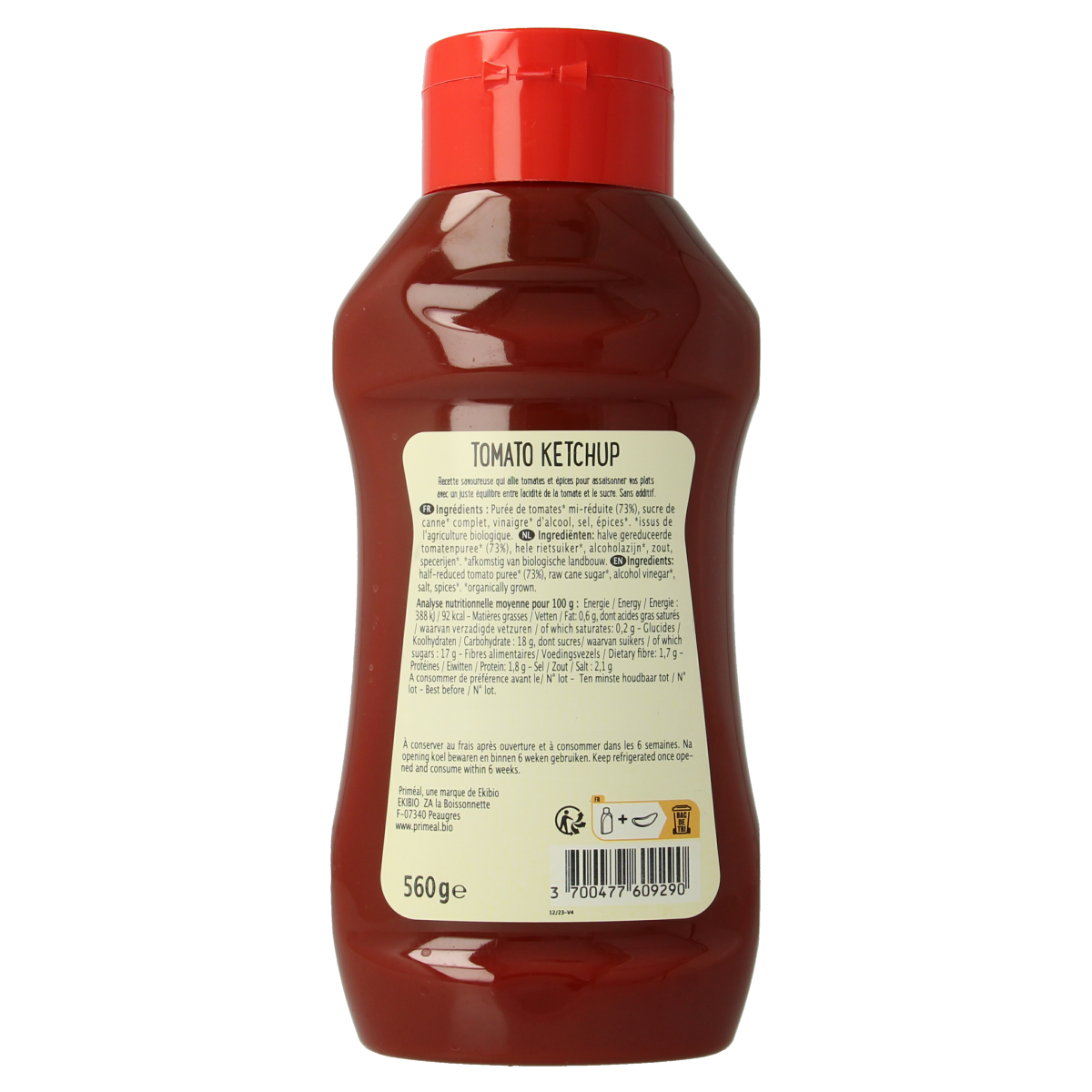 Primeal organic tomato ketchup bottle, 560g, showing the label and rich red ketchup inside the clear squeeze bottle.