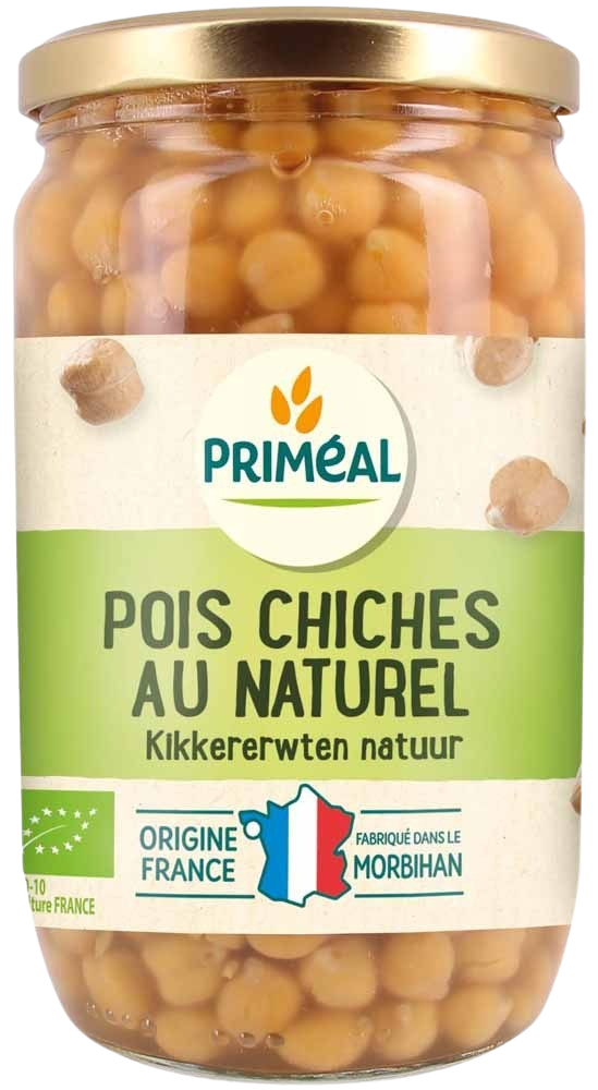 Canned organic chickpeas from Primeal, 660 grams, showing the product in a labeled can with chickpeas visible inside.