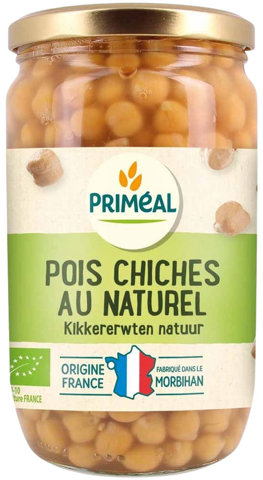 Canned organic chickpeas from Primeal, 660 grams, showing the product in a labeled can with chickpeas visible inside.