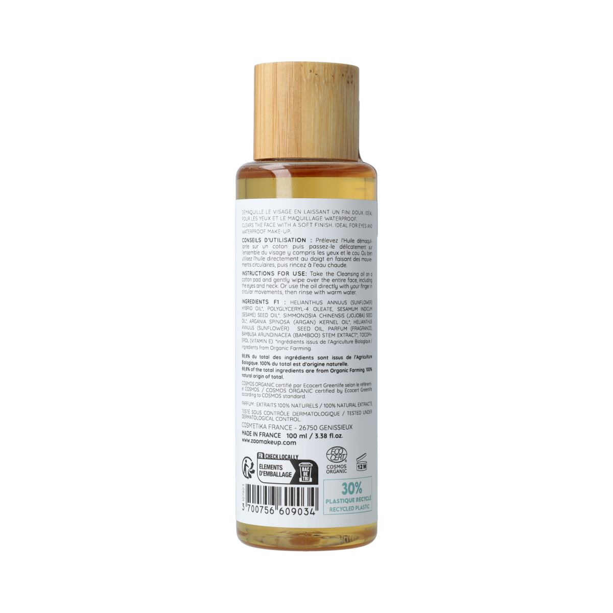 ZAO Bamboo Cleansing Oil in 100ml bottle, natural facial skincare product with a clear bottle and pump dispenser.