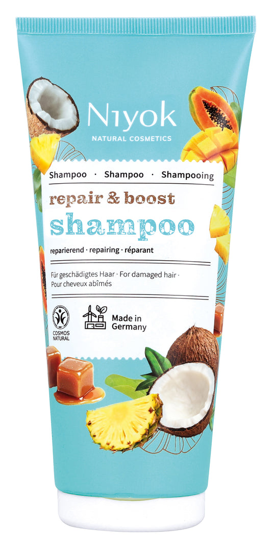 Niyok Repair & Boost shampoo in 200ml tube, nourishing hair care product for damaged and weak hair.