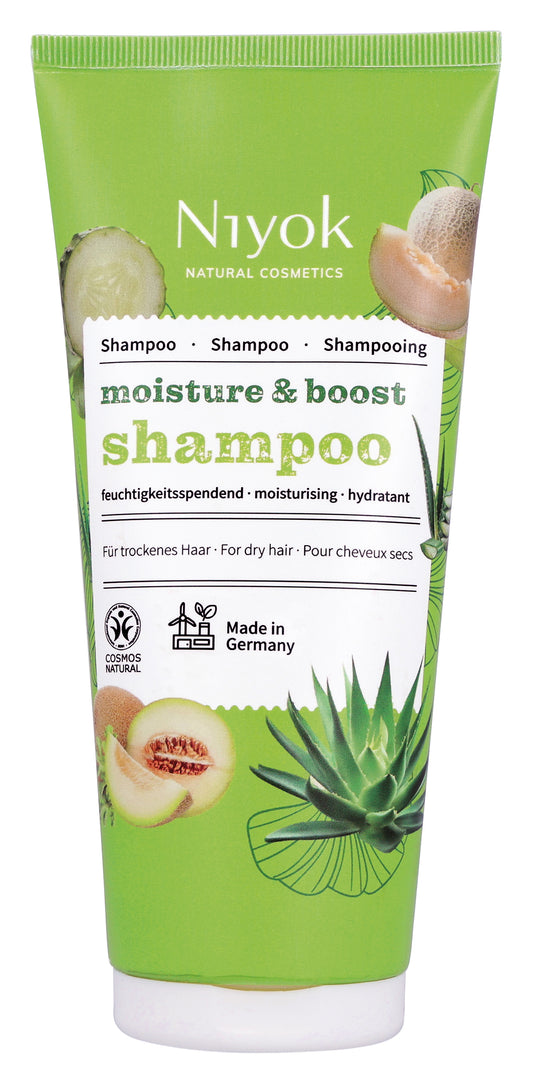 Niyok Moisture & Boost Shampoo in a 200ml tube, designed for hair care and hydration, with a sleek white and green packaging.