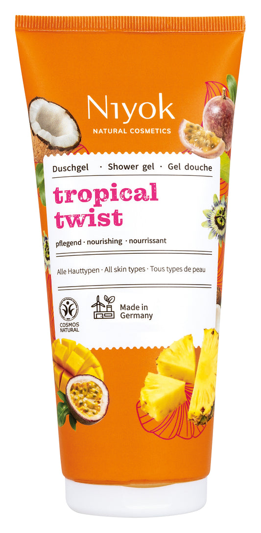 Niyok Tropical Twist shower gel in a 200ml tube, featuring vibrant tropical fruit imagery on the packaging.