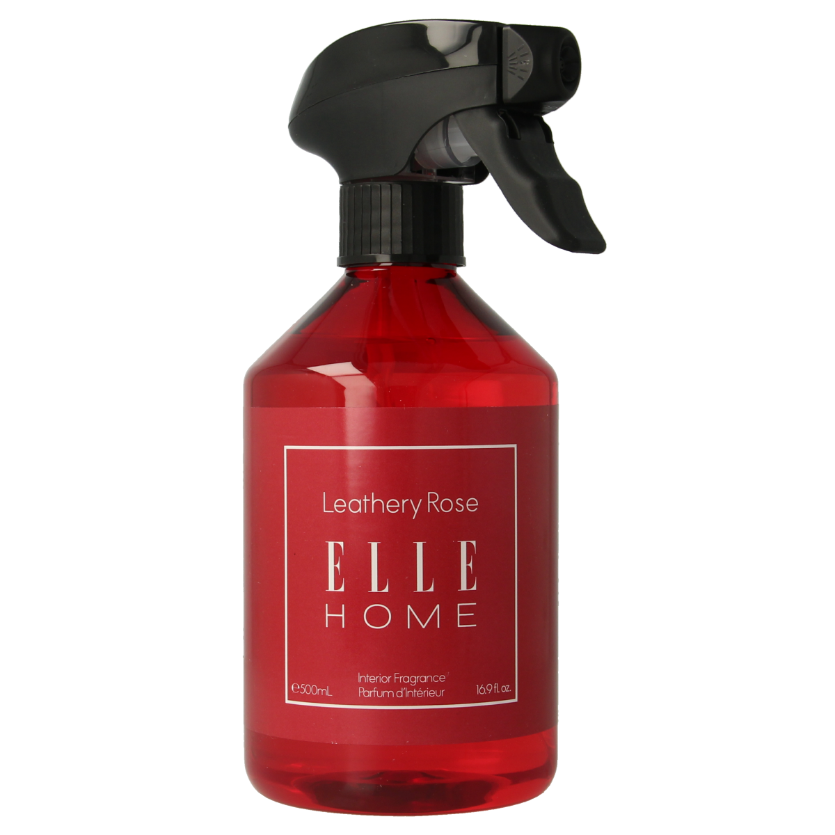 Elle Home Leathery Rose interior spray bottle with a sleek design, 500ml, for freshening indoor spaces with floral and leathery scent.