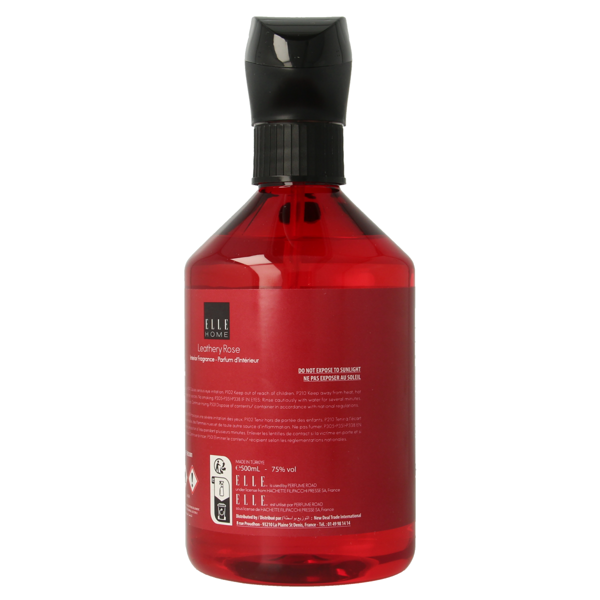 Elle Home Leathery Rose interior spray bottle, 500ml, with a sleek design for freshening indoor spaces.