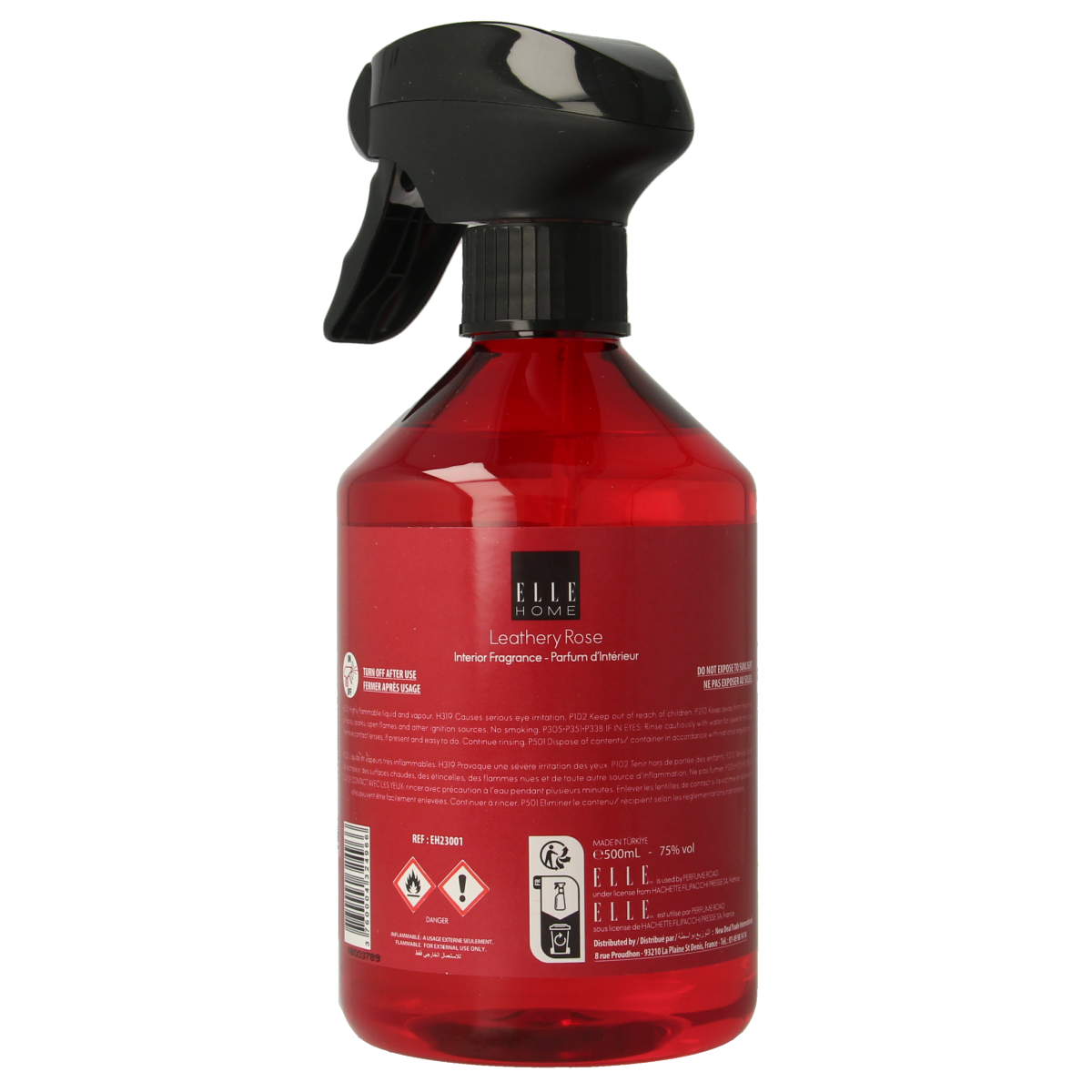 Elle Home Leathery Rose interior spray bottle, 500ml, with a sleek design, perfect for adding a warm, floral fragrance to your space.
