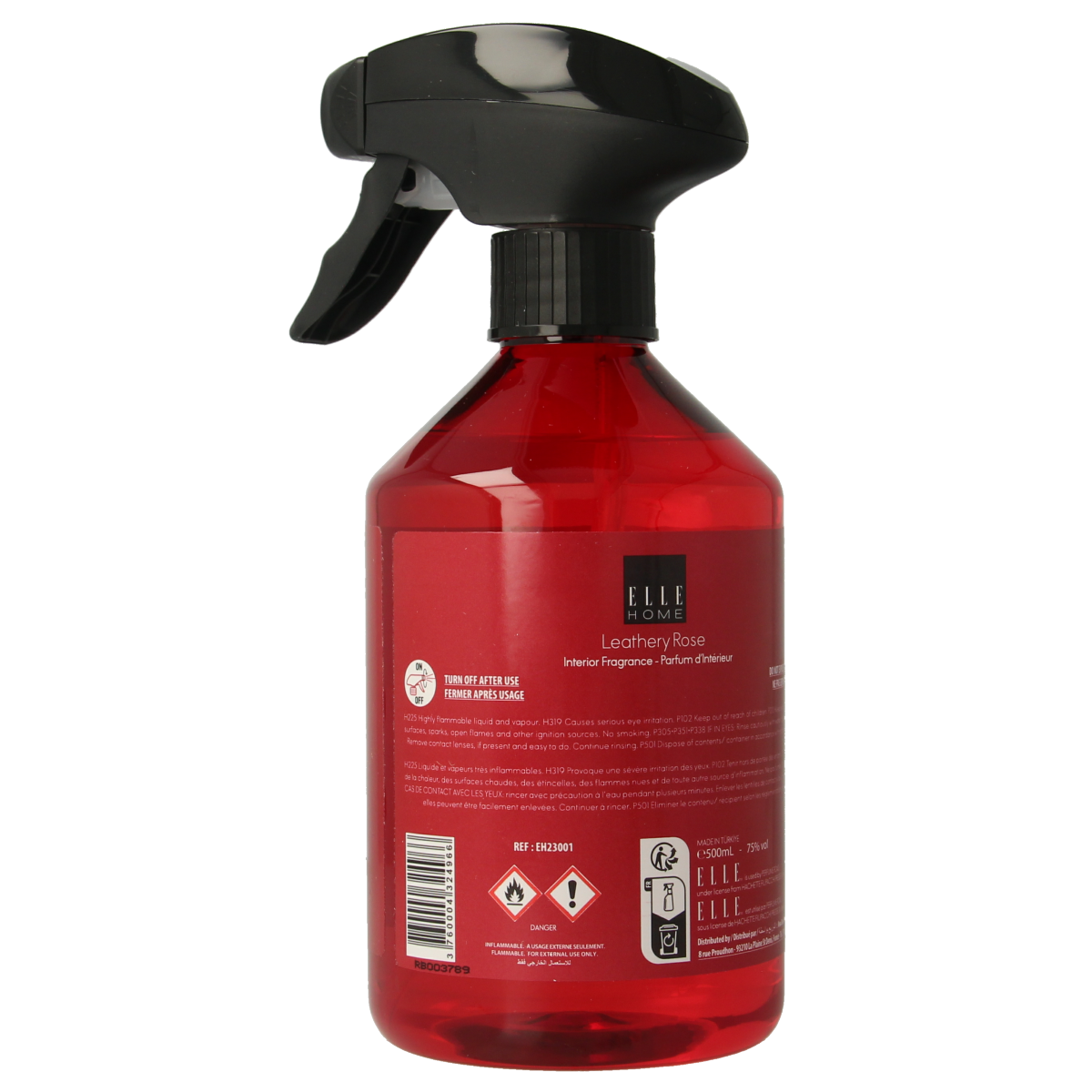 Elle Home Leathery Rose interior spray bottle, 500ml, with a sleek design, for refreshing home fragrances.