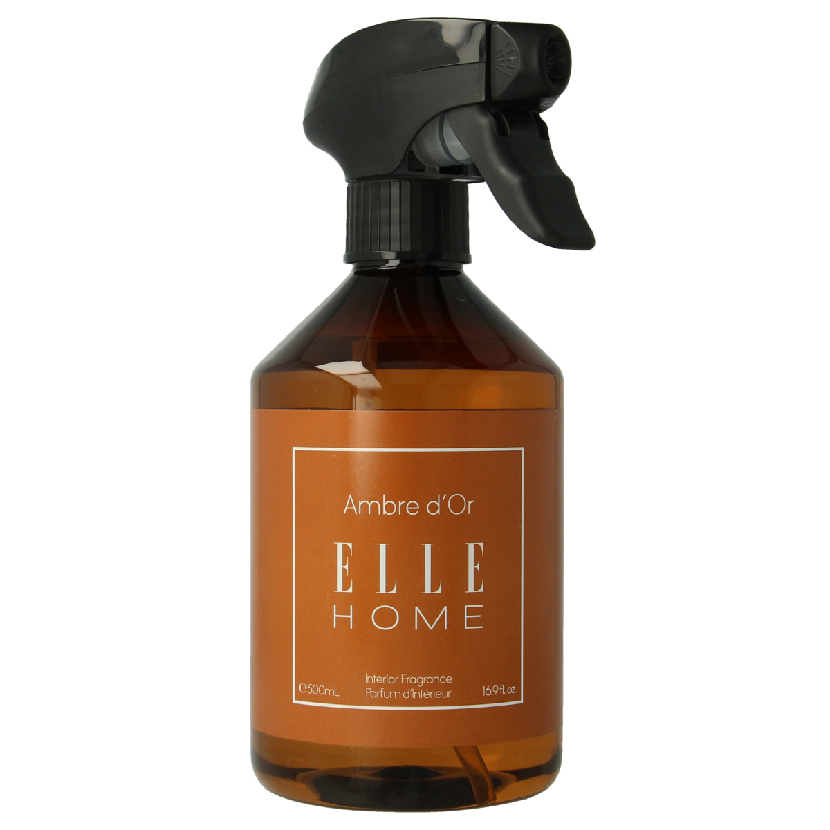 Elle Home Ambre d'or interior spray bottle, 500ml, with elegant packaging and spray nozzle for home fragrance.