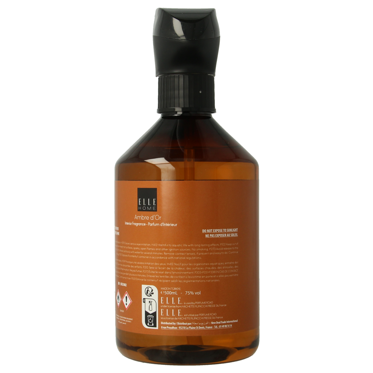 Elle Home Ambre d'or interior spray bottle, 500ml geurverspreider with amber fragrance, shown with spray nozzle and golden label.