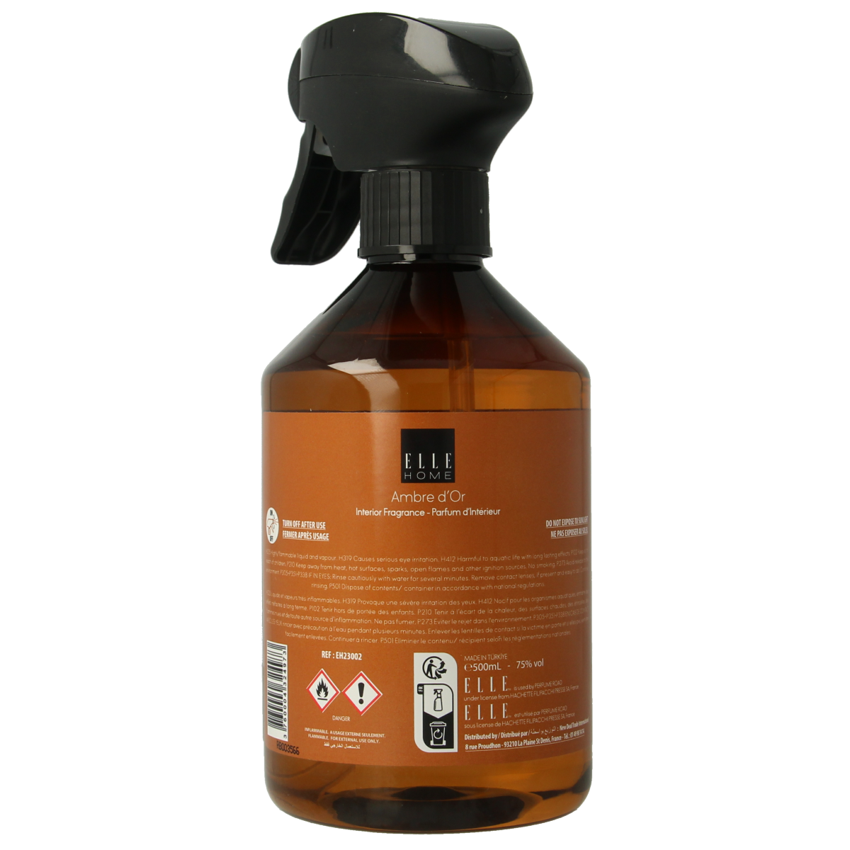 Elle Home Ambre d'or interior spray, 500ml geurverspreider with gold-colored bottle and sleek design.