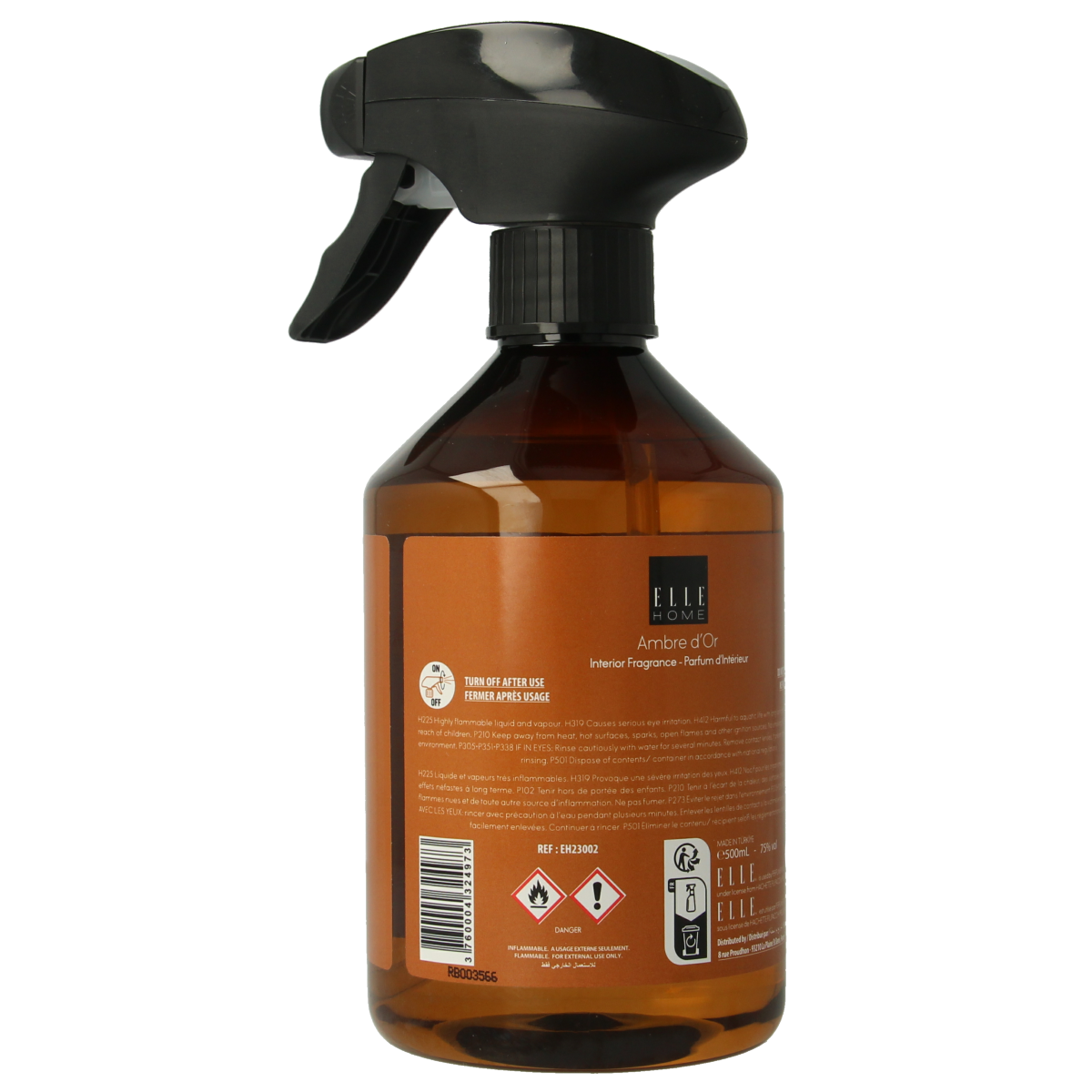 Elle Home Ambre d'or interior spray in 500ml bottle, a luxurious geurverspreider for fragrant home ambiance.
