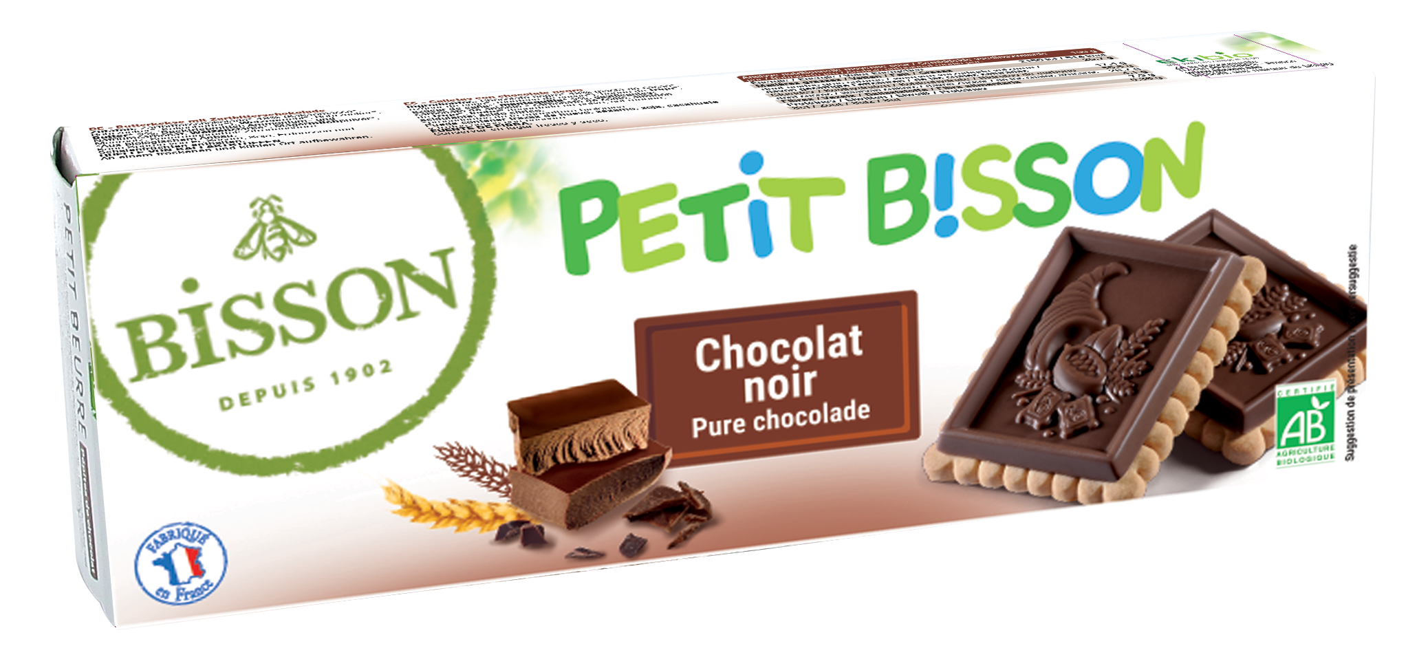 Bisson Petit theebiscuit pure chocolade bio koeken, 150g, showing golden-brown chocolate biscuits with a glossy chocolate coating.