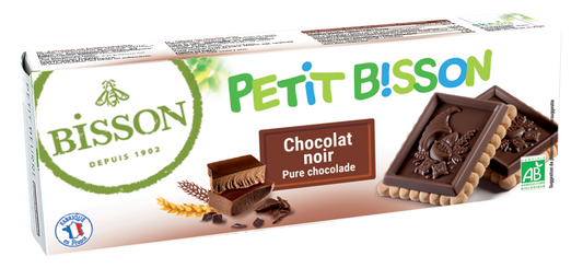 Bisson Petit theebiscuit pure chocolade bio koeken, 150g, showing golden-brown chocolate biscuits with a glossy chocolate coating.