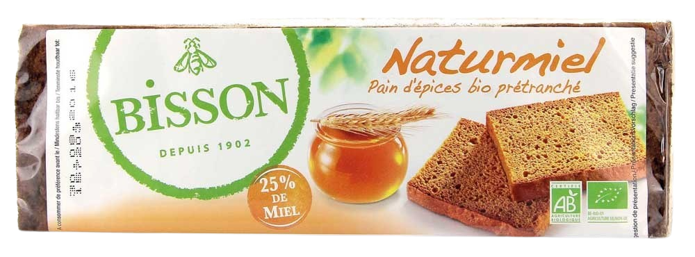 Bisson Naturmiel bio honingkoek, 300g, with visible honey and grain texture in a natural, wholesome presentation