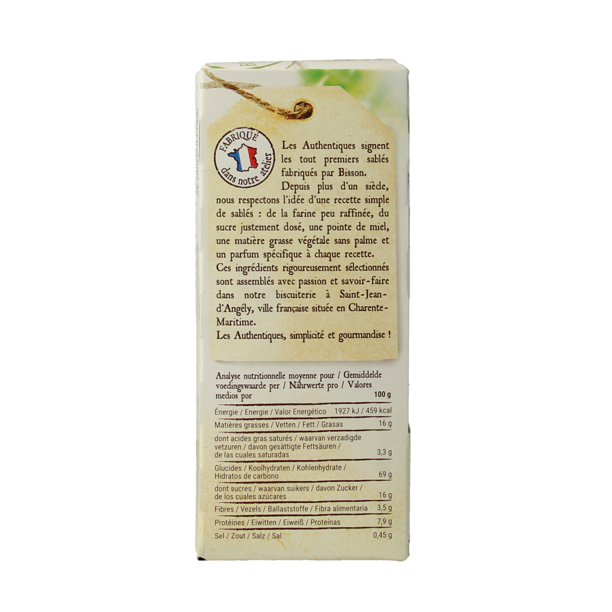 Bisson Zandkoekjes boekweit bio, authentic gluten-free cookies on a plate, 175g package.