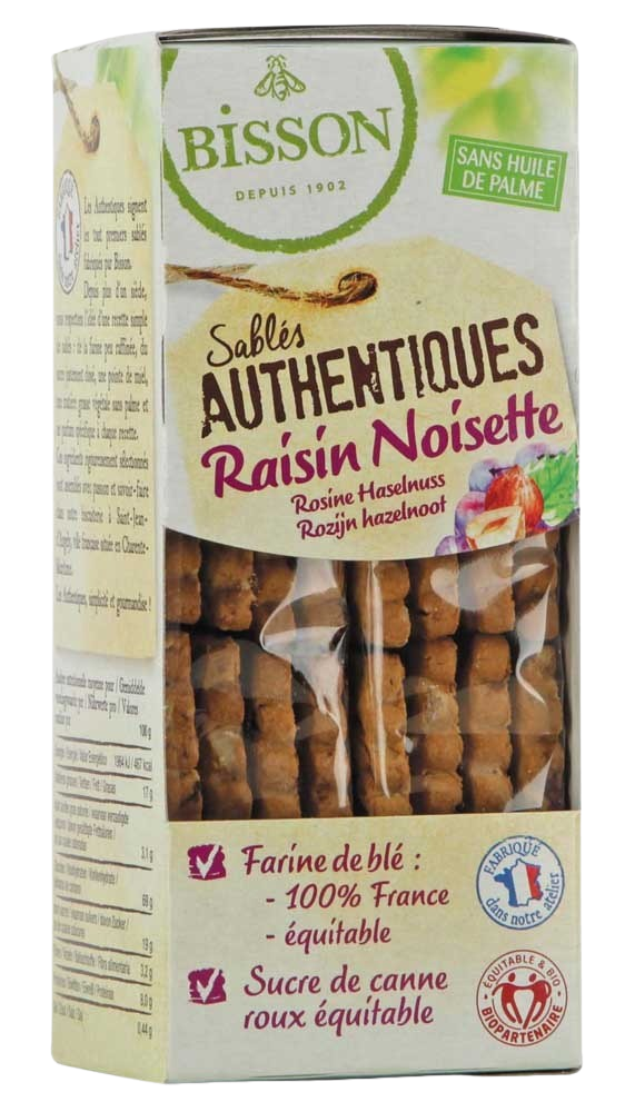 Bisson authentic hazelnut and raisin whole grain cookies in a 175g package, with a close-up of the crispy baked cookies.