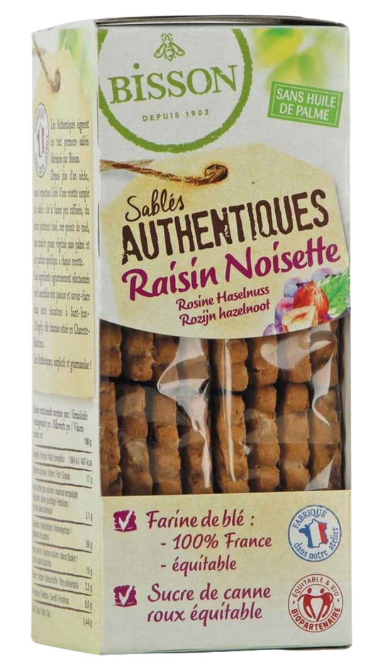 Bisson authentic hazelnut and raisin whole grain cookies in a 175g package, with a close-up of the crispy baked cookies.
