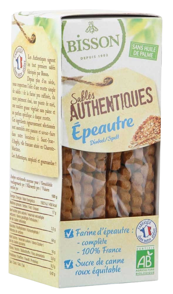 Bisson authentic spelt zandkoekjes bio, 190g, featuring golden, crumbly cookies with a textured surface and a natural spelt flavor.