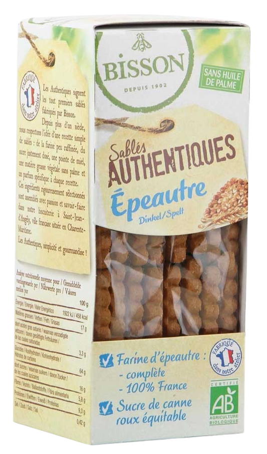 Bisson authentic spelt zandkoekjes bio, 190g, featuring golden, crumbly cookies with a textured surface and a natural spelt flavor.