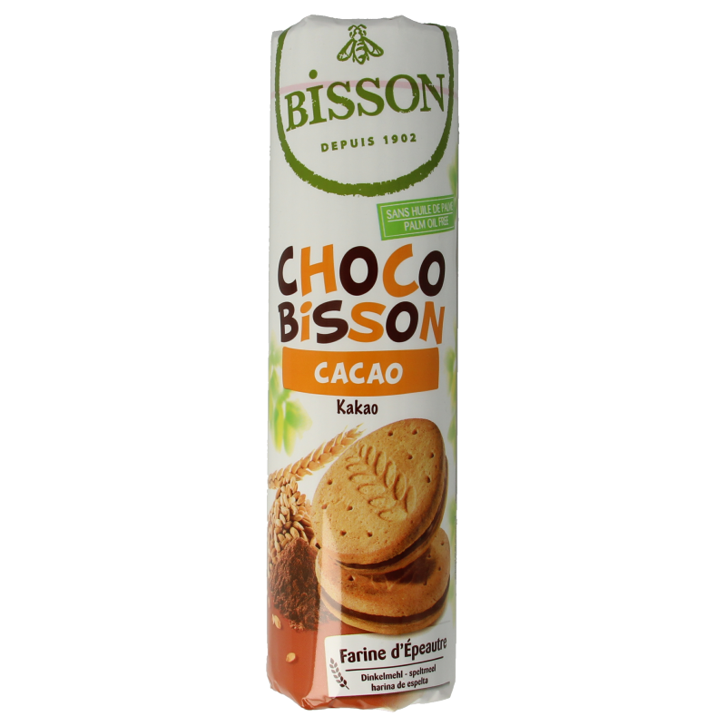 Bisson Choco Bisson cacao speltmeel bio 300g package of cocoa spelt cookies with chocolate flavor, natural and organic.
