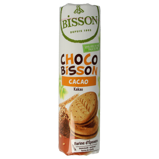 Bisson Choco Bisson cacao speltmeel bio 300g package of cocoa spelt cookies with chocolate flavor, natural and organic.
