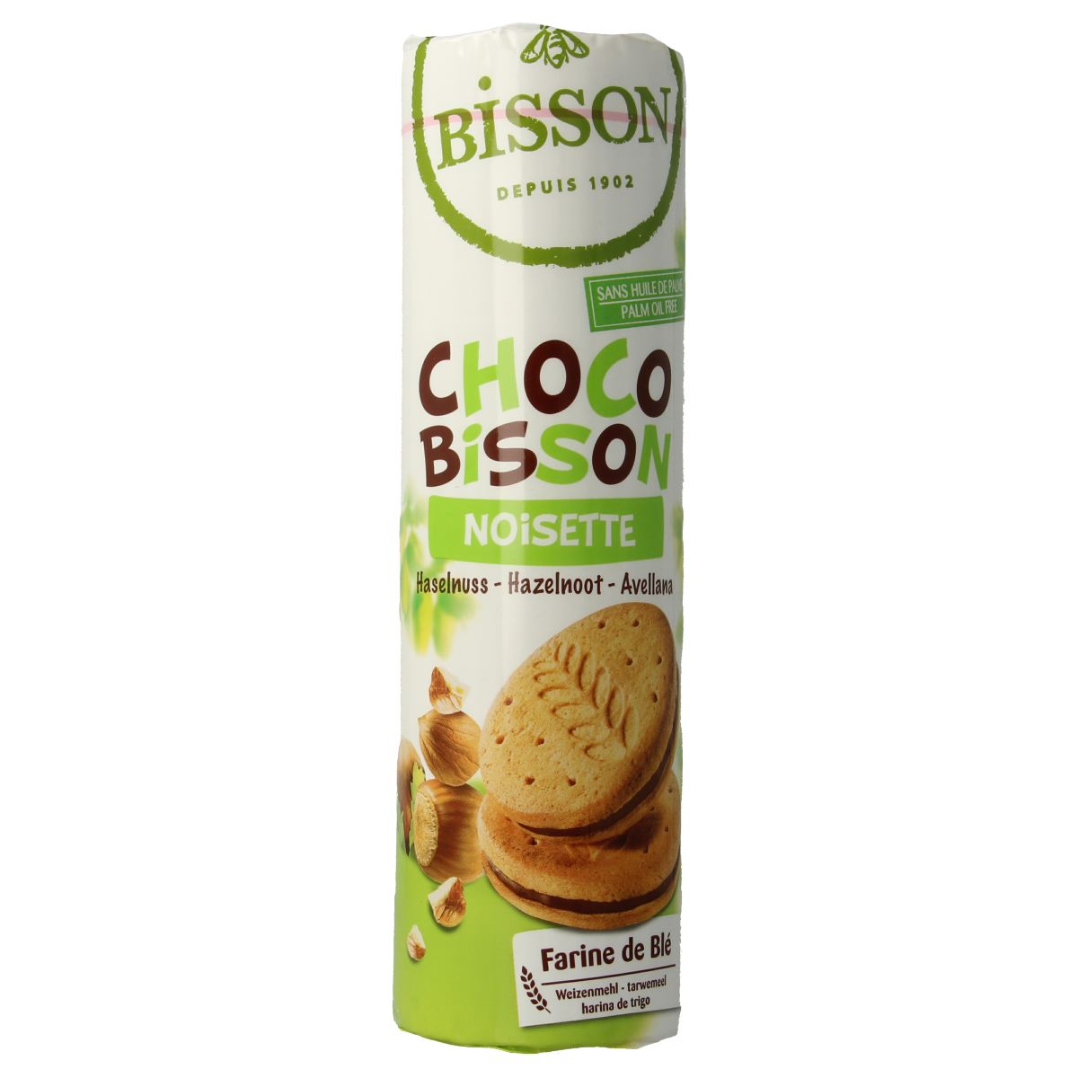 Bisson Choco Bisson hazelnut organic biscuits in a 300g package, showing the crunchy, chocolate-covered hazelnut cookies.