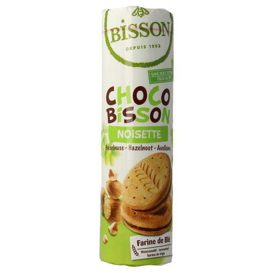 Bisson Choco Bisson hazelnut organic biscuits in a 300g package, showing the crunchy, chocolate-covered hazelnut cookies.