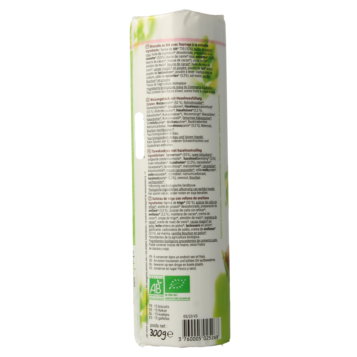 Bisson Choco Hazelnut Bio Koeken, 300g, featuring chocolate and hazelnuts in a natural, crunchy biscuit.