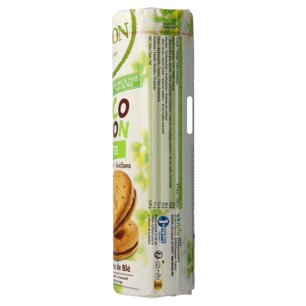 Bisson Choco Bisson hazelnut organic cookies in a 300g package, featuring chocolate and hazelnuts on the packaging.
