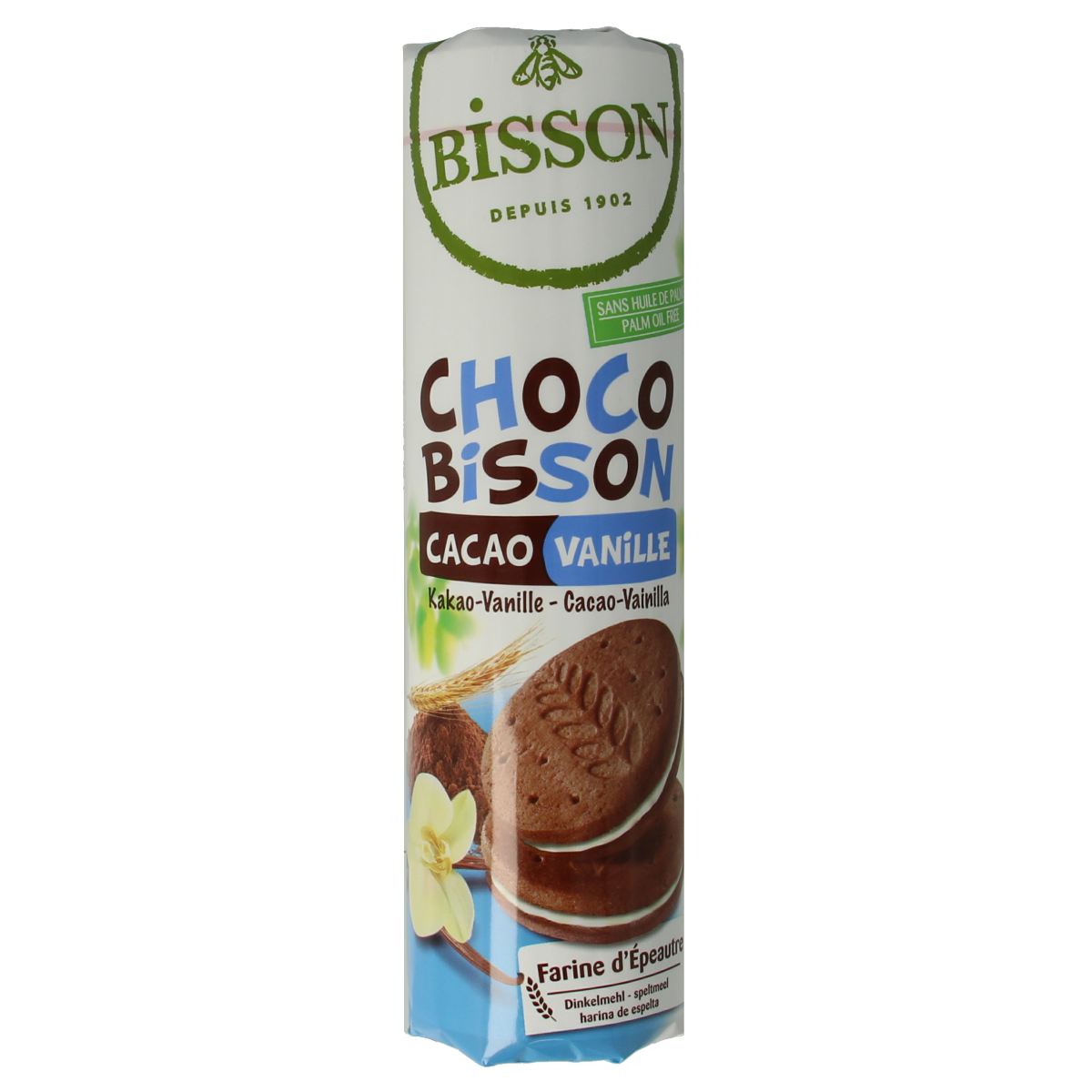 Bisson Choco Bisson cacao vanille bio koeken made with organic cacao and vanilla, displayed on a white background.