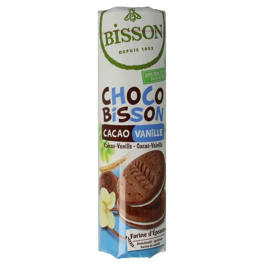 Bisson Choco Bisson cacao vanille bio koeken made with organic cacao and vanilla, displayed on a white background.