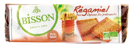 Bisson Regamiel honey-spiced bio koekjes, pre-sliced, 300g, featuring golden-brown crust and visible specks of herbs and spices.